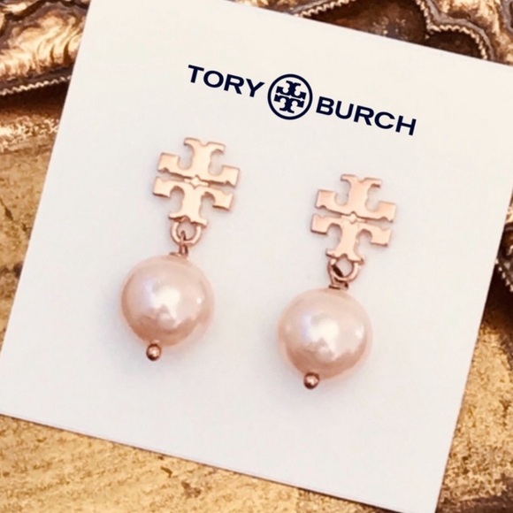 TORY BURCH • Rose Gold Pearl Drop Logo Earrings - Picture 6 of 6